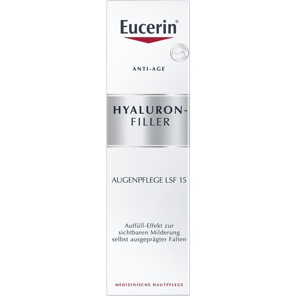 Weiße Schachtel mit der Aufschrift "Eucerin Hyaluron-Filler Augenpflege LSF 15".