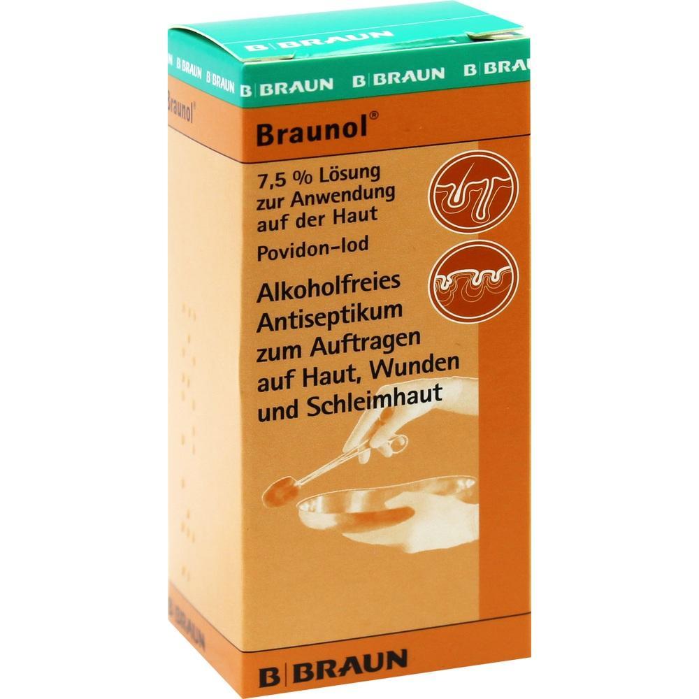 Orange Schachtel mit antiseptischer Lösung zur Anwendung auf Haut und Wunden.