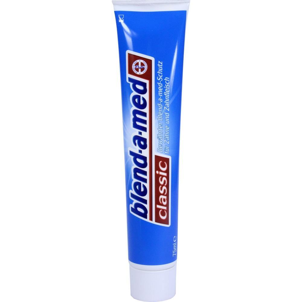 Eine blaue Zahnpastatube mit der Aufschrift "blend-a-med classic".