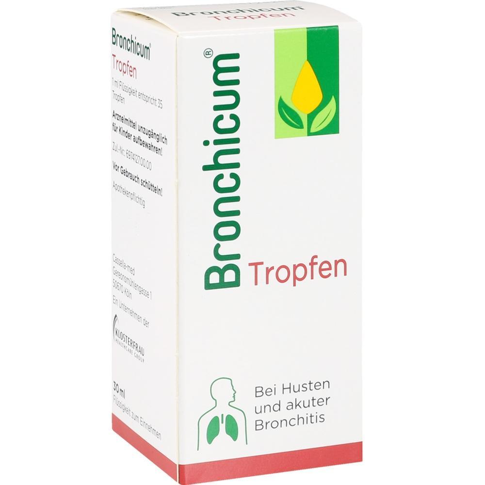 Weiße Schachtel von Bronchicum-Tropfen gegen Husten und akute Bronchitis.