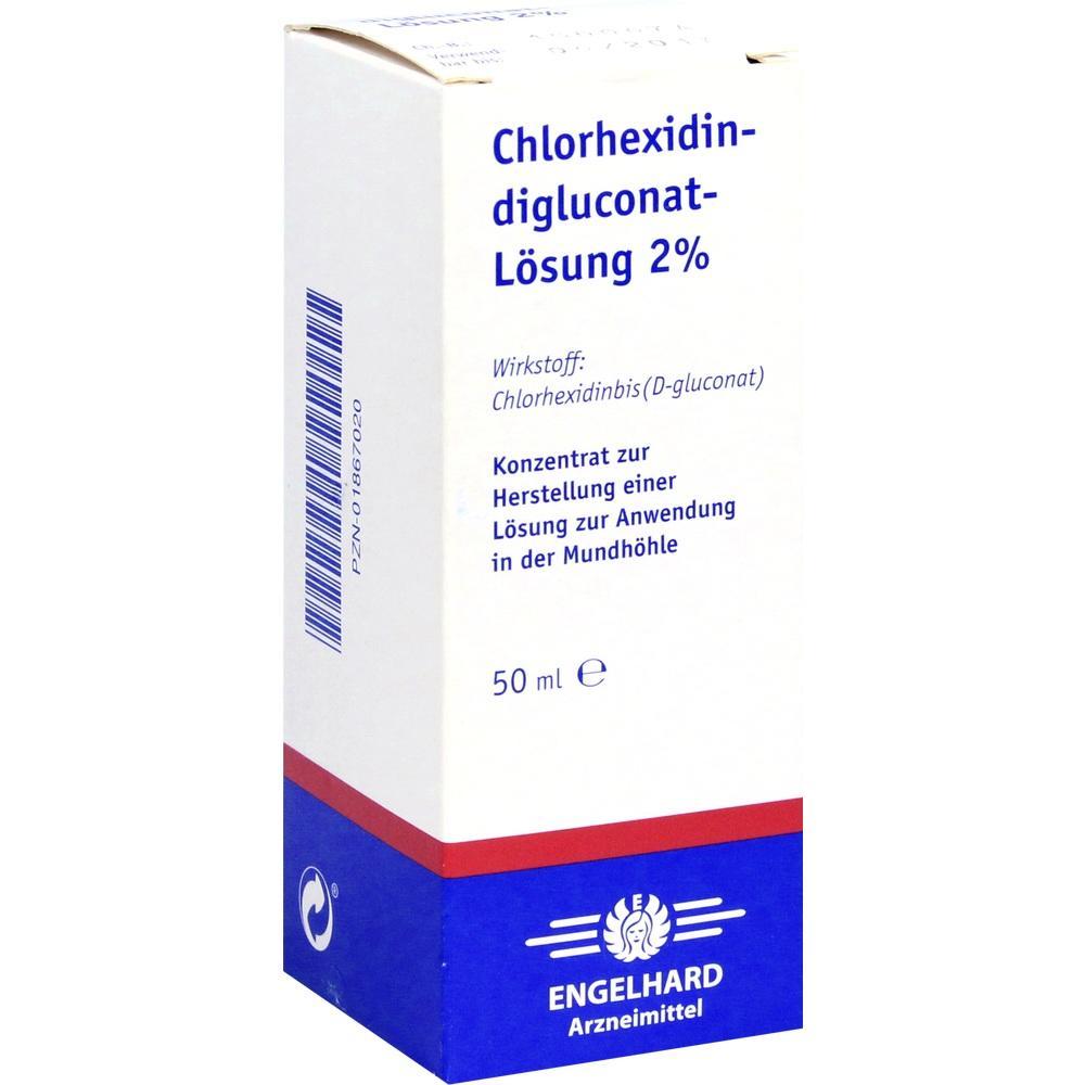 Auf der Schachtel steht "Chlorhexidin-Digluconat-Lösung 2%," ein Mundpflegeprodukt.