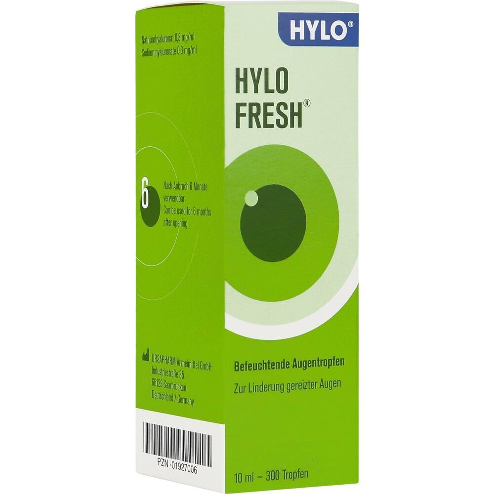 Grüne Verpackung von Hylo Fresh Augentropfen für gereizte Augen.