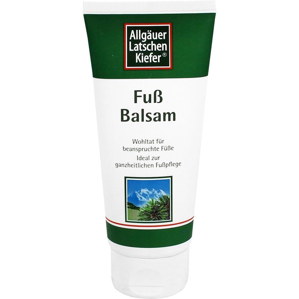 Eine weiße Tube mit grünem Etikett von Allgäuer Latschenkiefer, Fußbalsam.