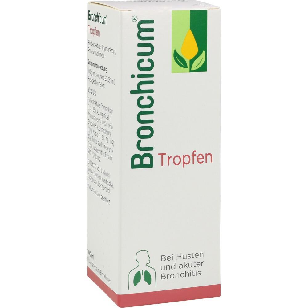 Die Box zeigt Bronchicum Tropfen, ein Mittel gegen Husten und Bronchitis.