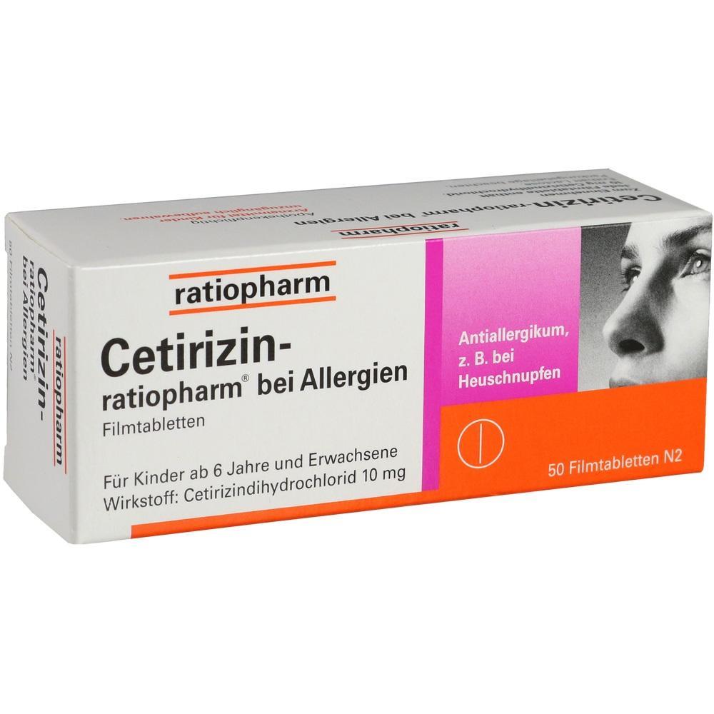 Eine weiße Medikamentenschachtel für Cetirizin bei Allergien.