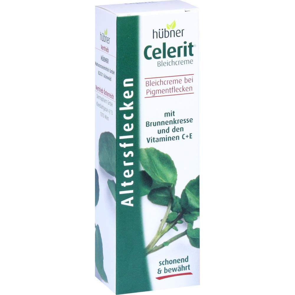 Weiße Cremeverpackung mit grünen Blättern und der Aufschrift "Celerit Bleichcreme".