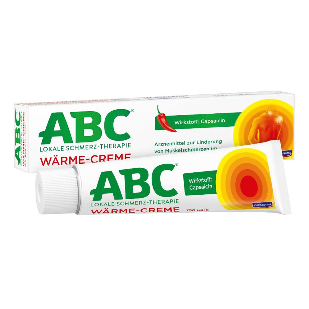 Weiße Verpackung einer ABC Wärme-Creme zur Linderung von Muskelschmerzen.