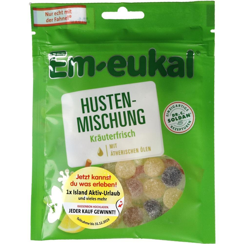 Eine grüne Packung Hustenbonbons von Em-eukal ist abgebildet.