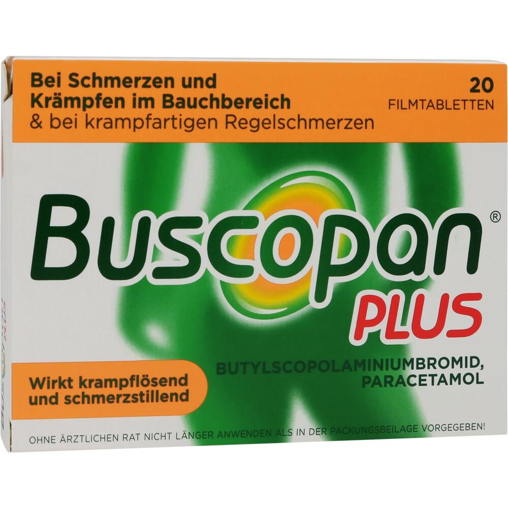 Packung von Buscopan Plus zur Linderung von Bauchschmerzen und Krämpfen.