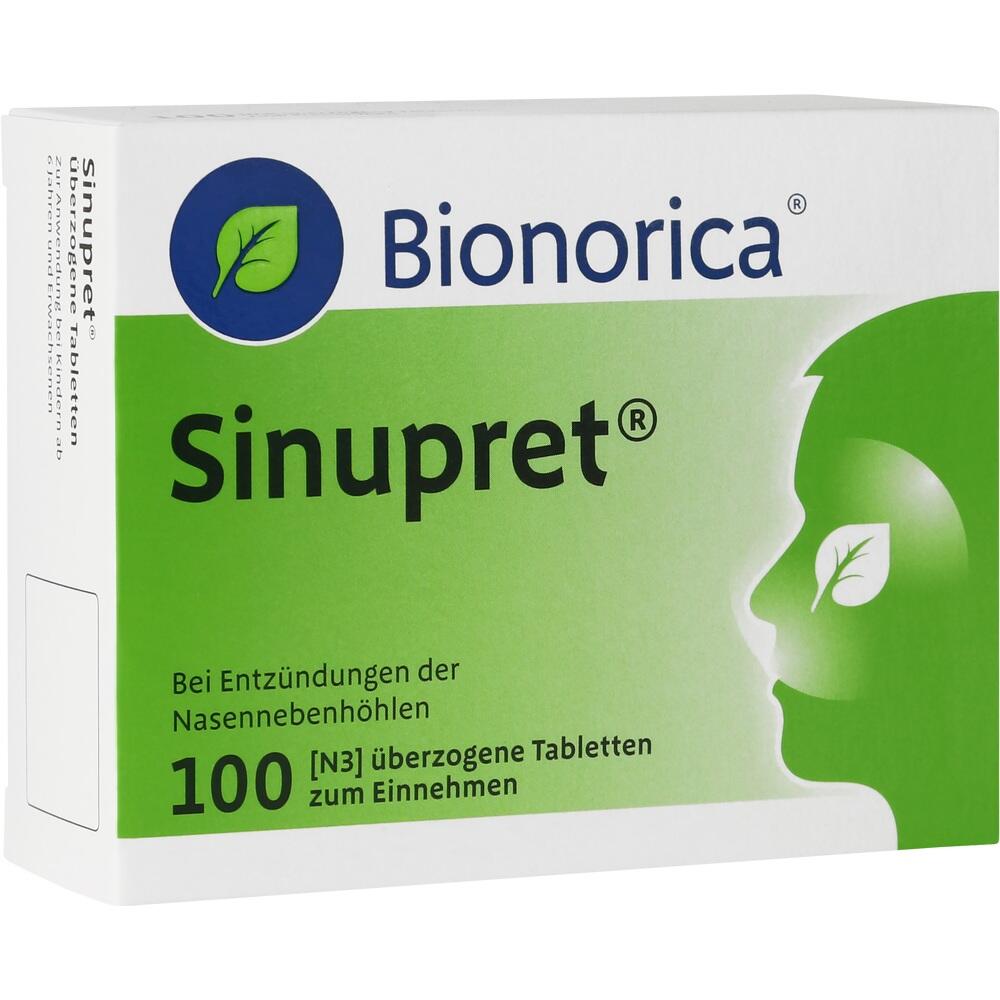 Eine grün-weiße Packung Sinupret-Tabletten gegen Nebenhöhlenentzündungen.