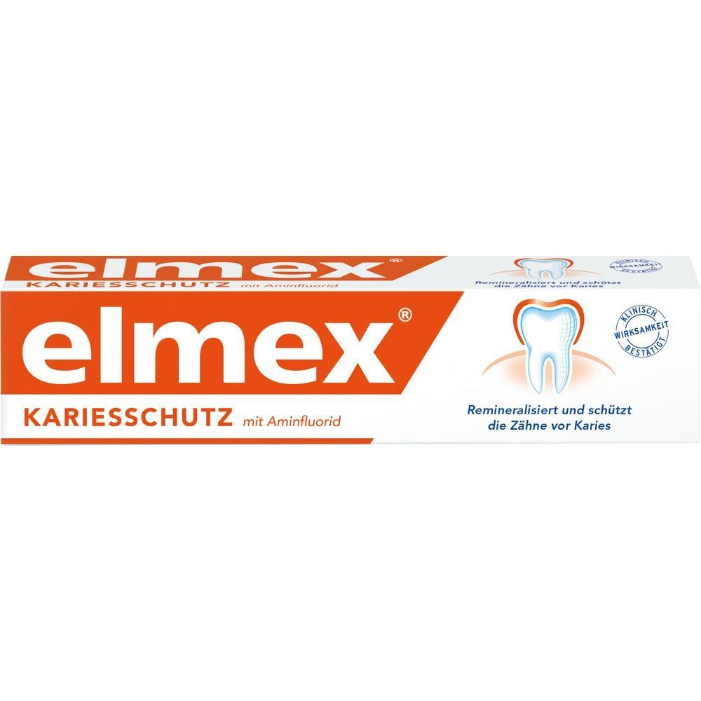 Eine Tube Elmex-Zahnpasta mit Kariesschutz wird gezeigt.