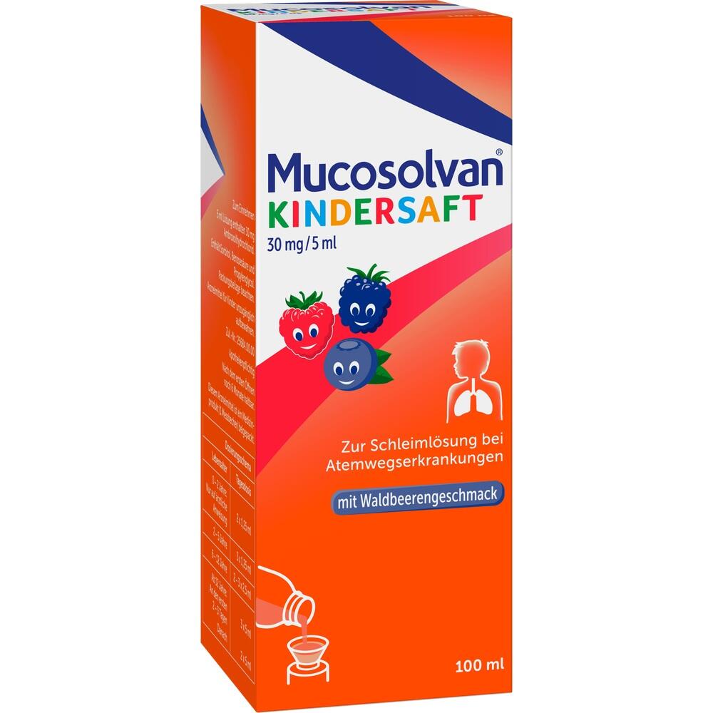 Rote Packung von "Mucosolvan Kindersaft" mit Waldbeerengeschmack, 100 ml.