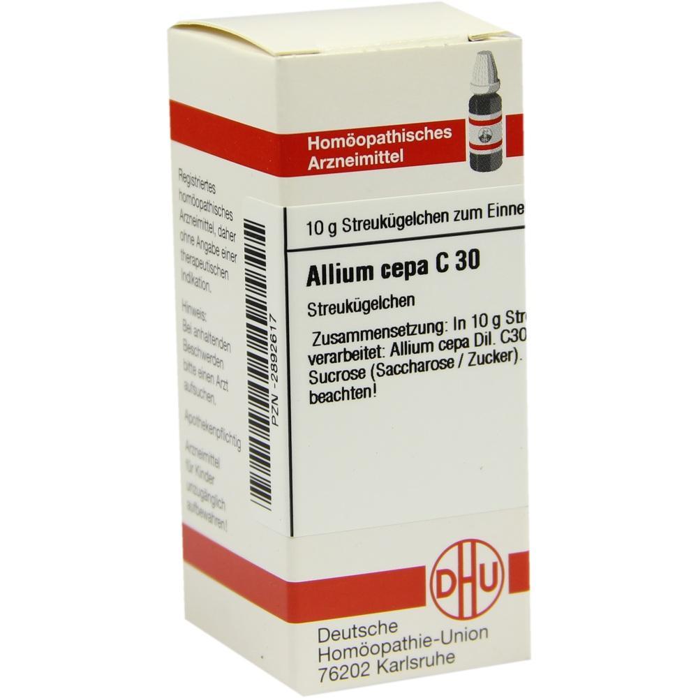 Eine Packung homöopathischer Streukügelchen mit der Aufschrift Allium cepa C 30.