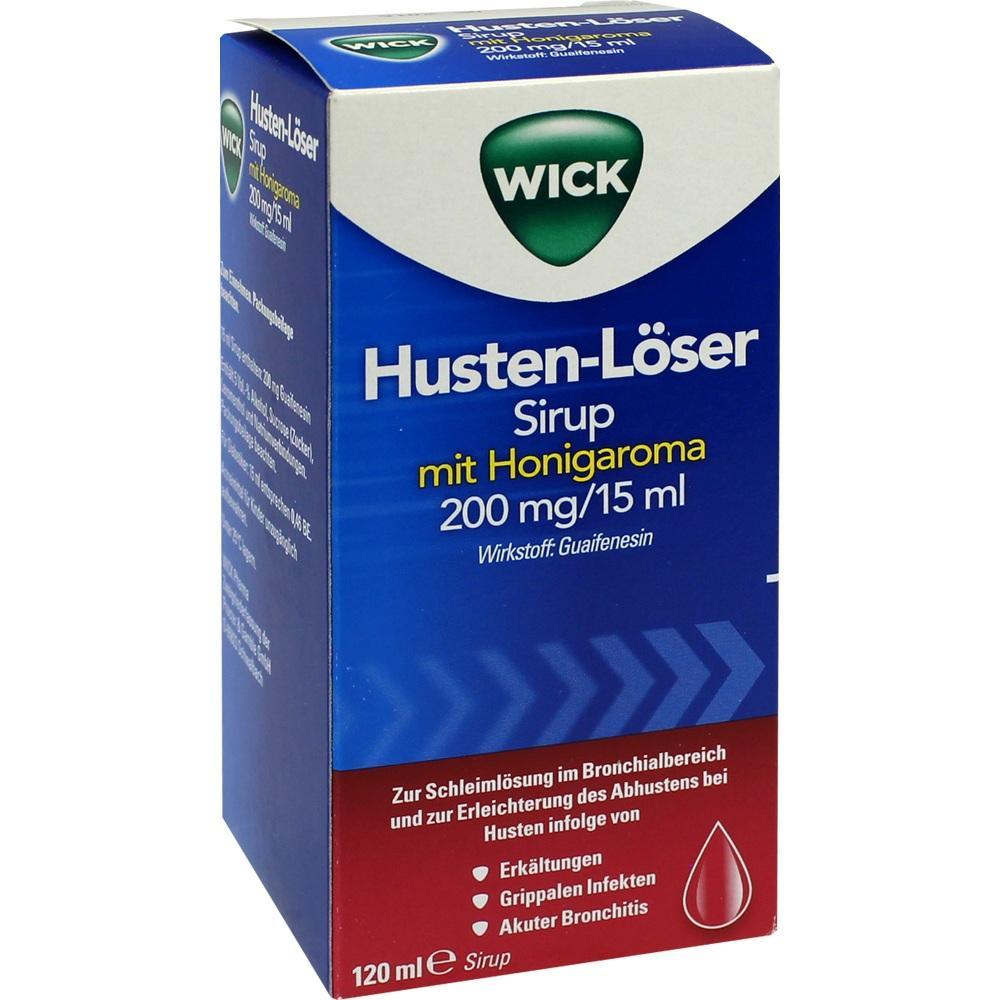 Blaue Packung Hustenlöser-Sirup mit Honigaroma von Wick.