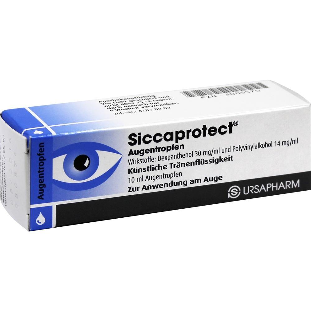 Verpackung von Siccaprotect Augentropfen für trockene Augen.