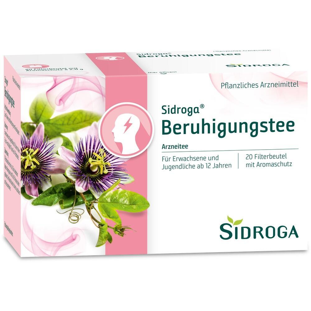 Eine Packung Sidroga Beruhigungstee mit Passionsblumen-Motiv.