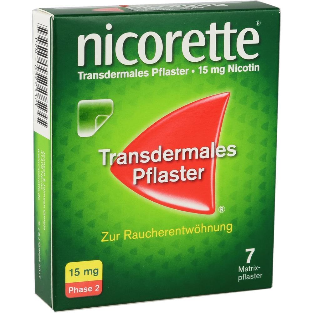 Grüne Packung von Nicorette mit Nikotin-Pflastern zur Raucherentwöhnung.