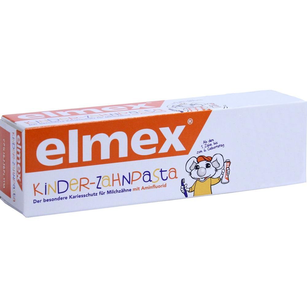 Eine Zahnpasta für Kinder der Marke Elmex in einer orange-weißen Verpackung.
