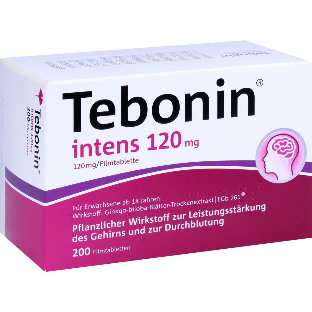 Eine Packung Tebonin intens 120 mg Filmtabletten für das Gehirn und Durchblutung.