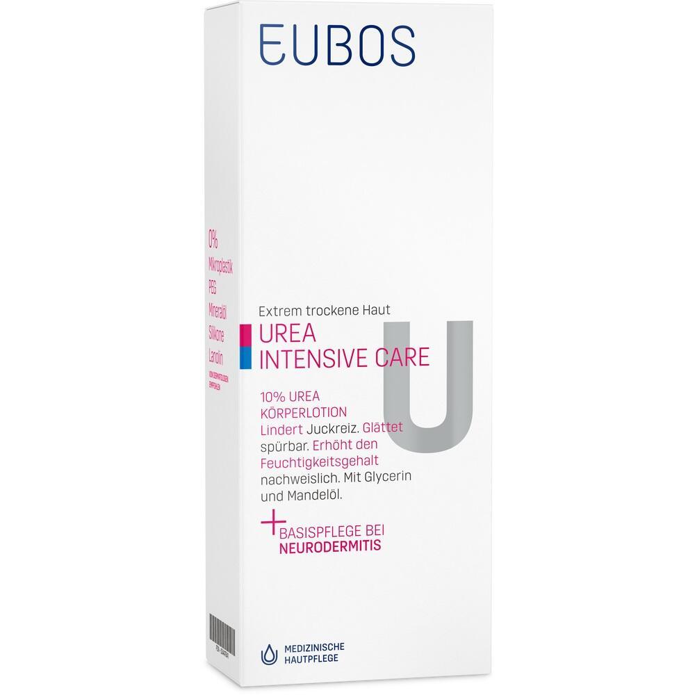 Weiße EUBOS Urea Intensive Care Packung für trockene Haut mit rotem und blauem Text.