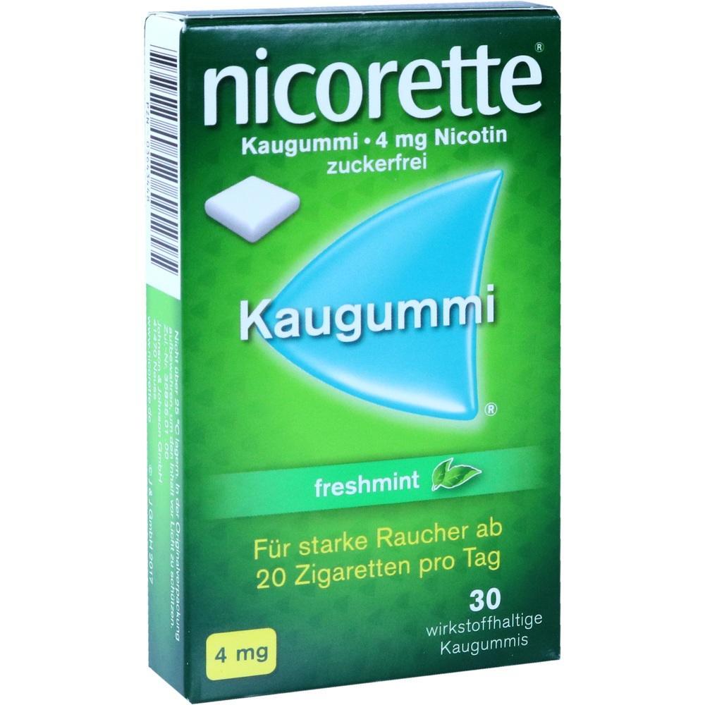 Grüne Packung Nicorette-Kaugummi, 4 mg Nikotin, für starke Raucher, 30 Stück.