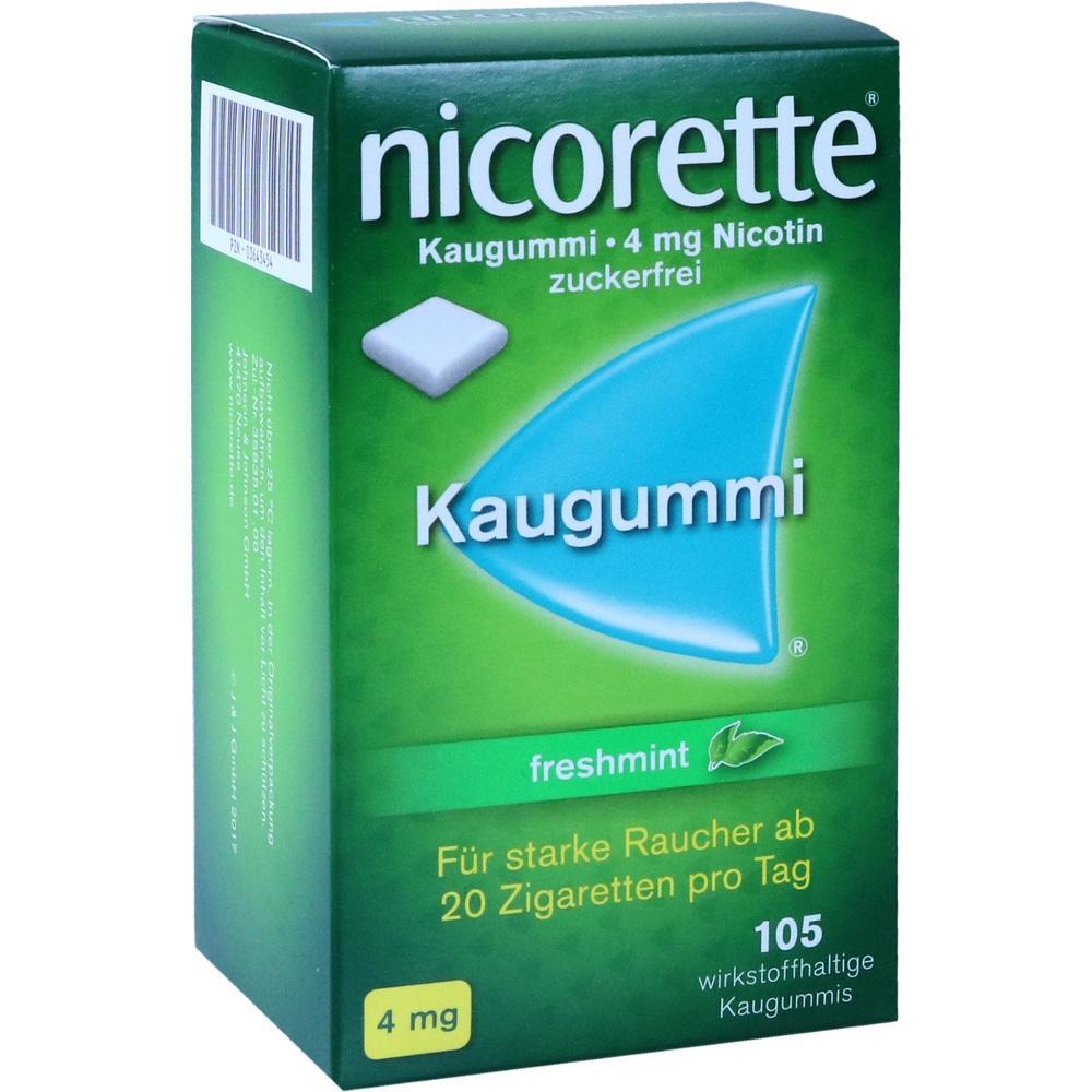 Grüne Packung von Nicorette Kaugummi mit Freshmint-Geschmack, 4 mg Nikotin.