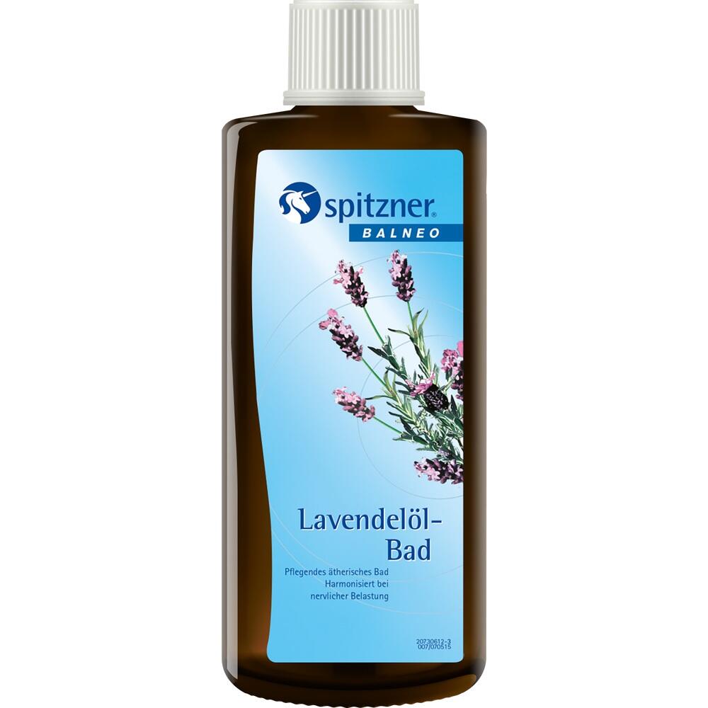 Braune Flasche mit Lavendelöl-Bad von Spitzner, blaues Etikett mit Lavendelblüten.