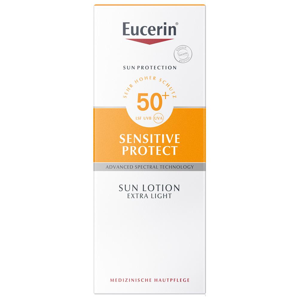 Weiße Sonnencreme-Verpackung von Eucerin mit LSF 50+ für empfindliche Haut.