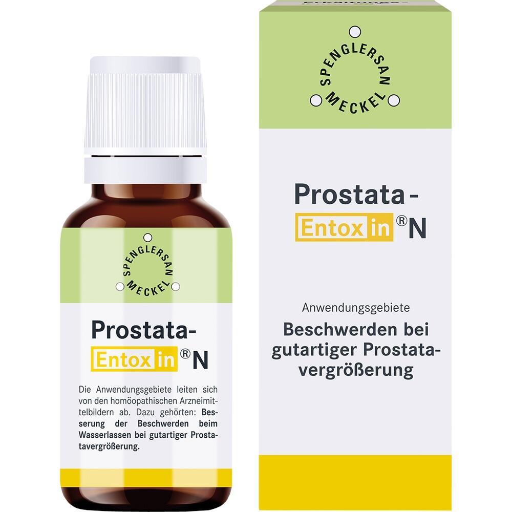 Ein braunes Fläschchen mit der Aufschrift "Prostata-Entoxin N" steht neben der Verpackung.