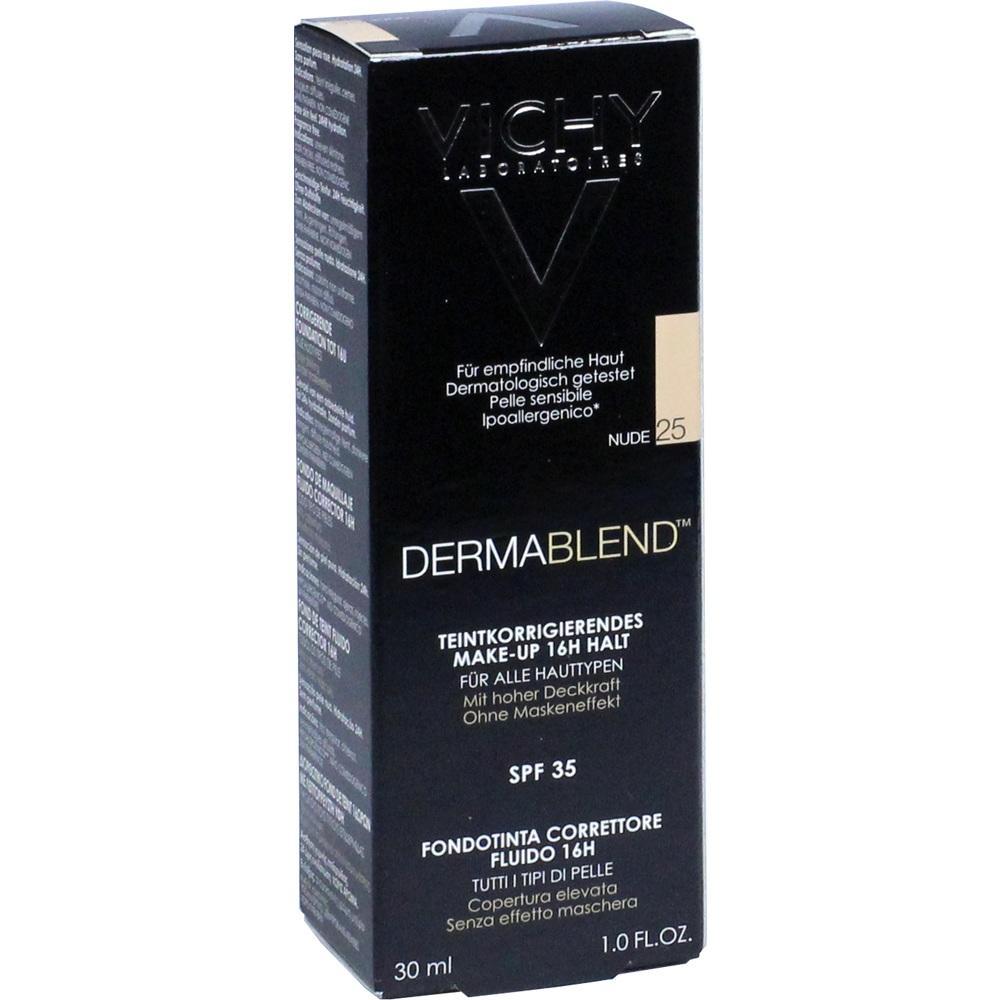 Eine schwarze Verpackung mit der Aufschrift "Dermablend" zeigt ein Make-up-Produkt.