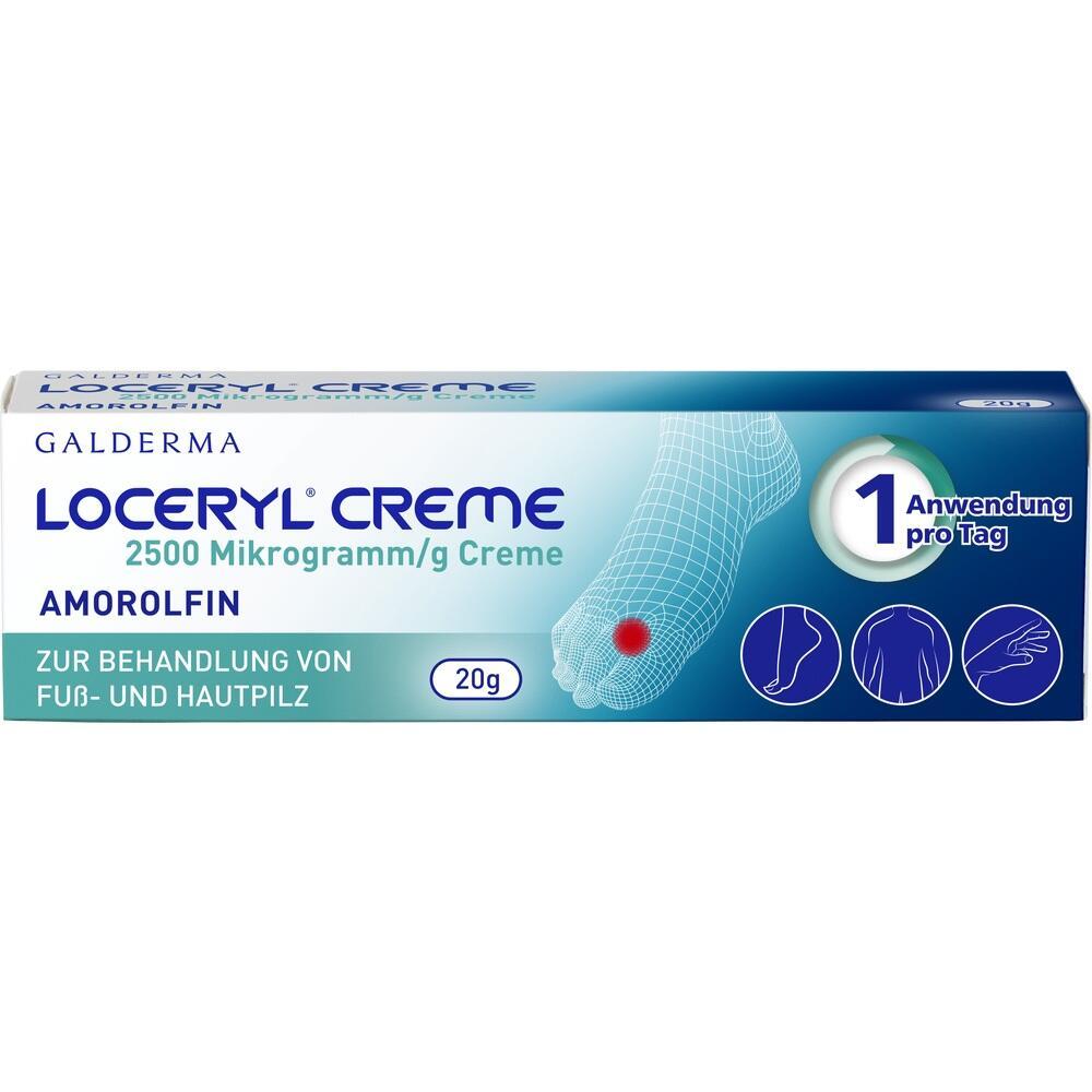 Eine Packung Loceryl Creme zur Behandlung von Fuß- und Hautpilz.