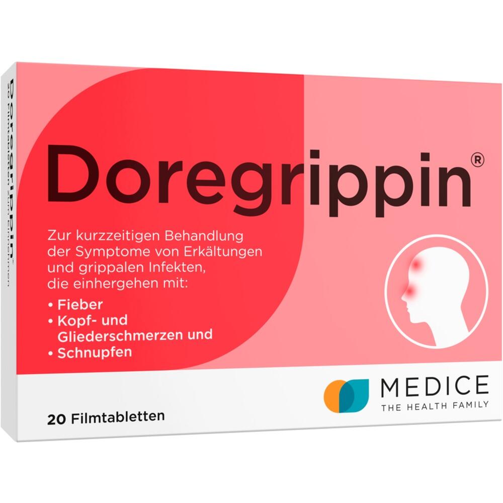 Die Verpackung zeigt ein Produkt zur Linderung von Erkältungssymptomen wie Fieber und Kopfschmerzen.