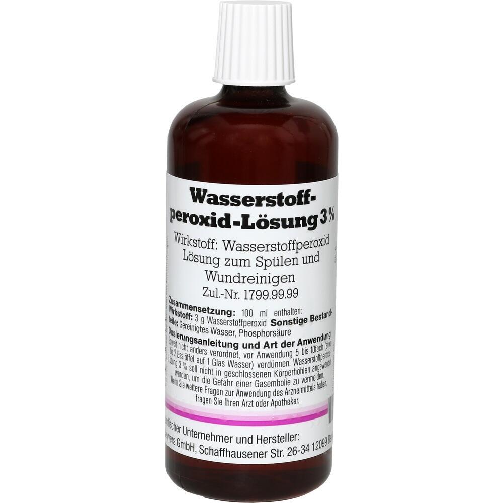 Braune Flasche mit Etikett "Wasserstoffperoxid-Lösung 3%".