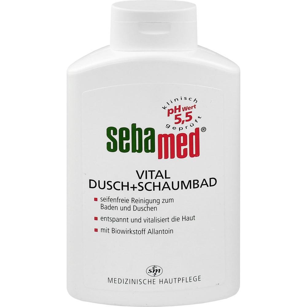 Weiße Flasche mit Duschgel von sebamed und rotem, grünem Text.