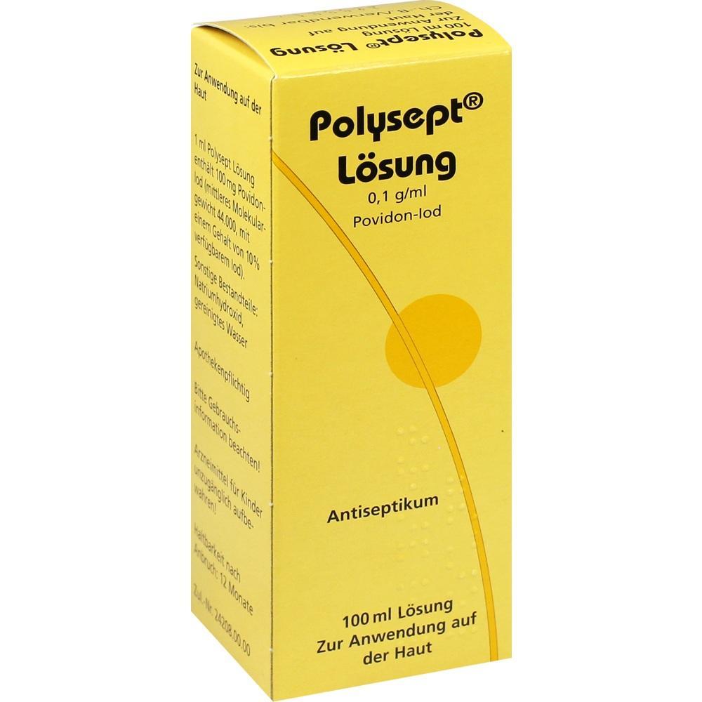Gelbe Verpackung von Polysept Lösung, einem Antiseptikum zur Anwendung auf der Haut.