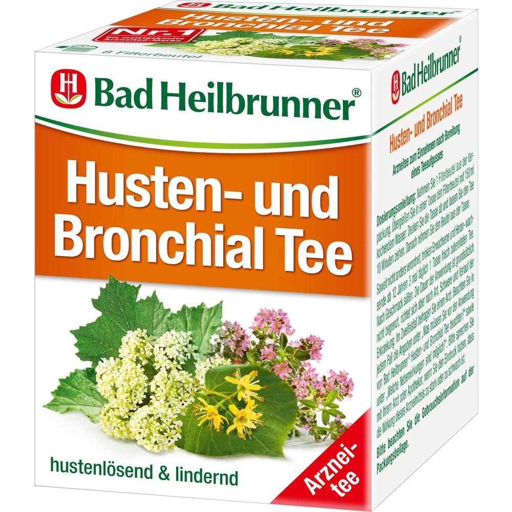Eine Packung Husten- und Bronchialtee von Bad Heilbrunner mit Pflanzenabbildungen.