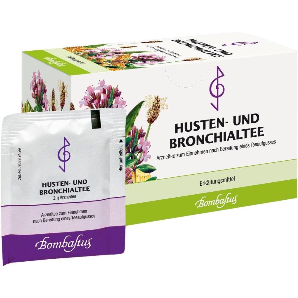 Eine Teepackung für Husten und Bronchien mit buntem Blumenmotiv.