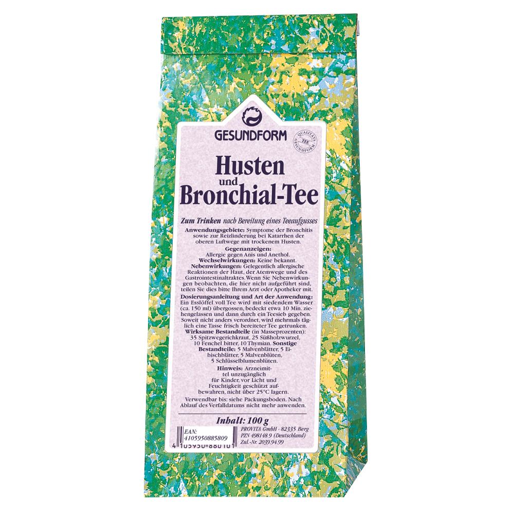 Verpackung von Husten und Bronchial-Tee mit grün-gelbem Muster.