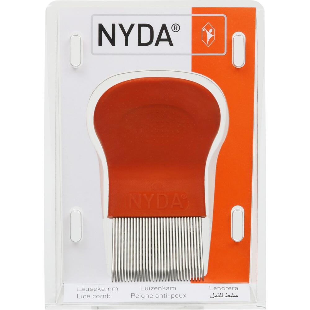 Ein Läusekamm mit rotem Griff in einer Verpackung.