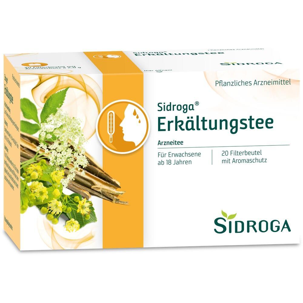 Verpackung von Sidroga Erkältungstee mit Pflanzenmotiv.