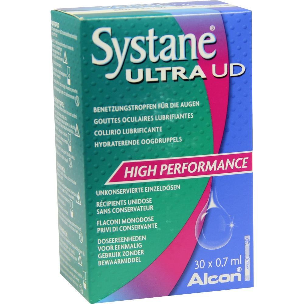 Eine Verpackung von Systane Ultra Augentropfen mit der Aufschrift "High Performance".