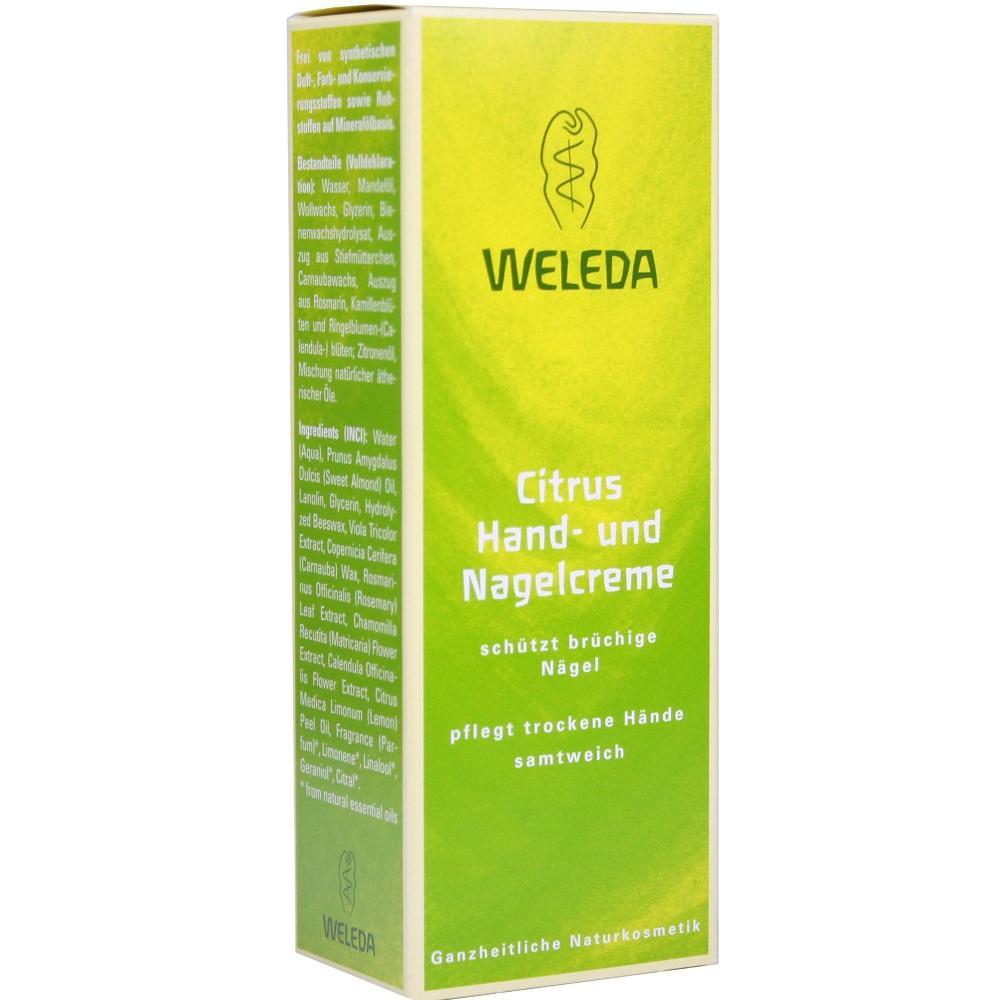 Grüne Verpackung von Weleda Citrus Hand- und Nagelcreme für trockene Hände.