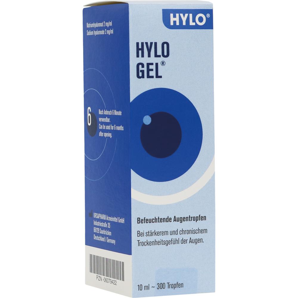 Eine blaue Verpackung von Hylo Gel Augentropfen für trockene Augen.