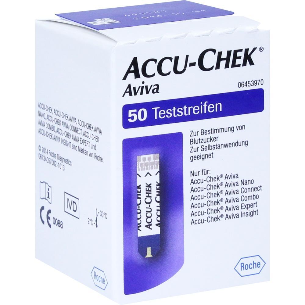Schachtel mit 50 Blutzuckerteststreifen von Accu-Chek Aviva.