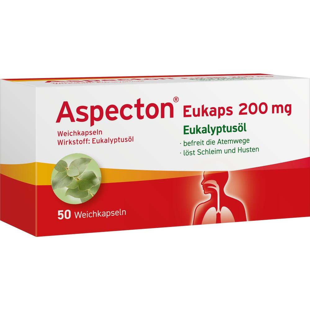 Auf der Verpackung steht: "Aspecton Eukaps 200 mg, 50 Weichkapseln mit Eukalyptusöl".