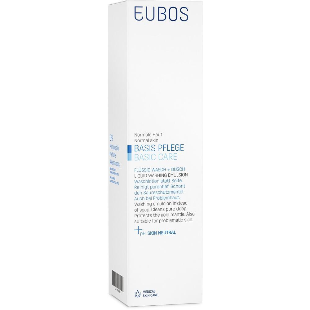 Weiße EUBOS-Verpackung für flüssige Wasch- und Duschpflege für normale Haut.