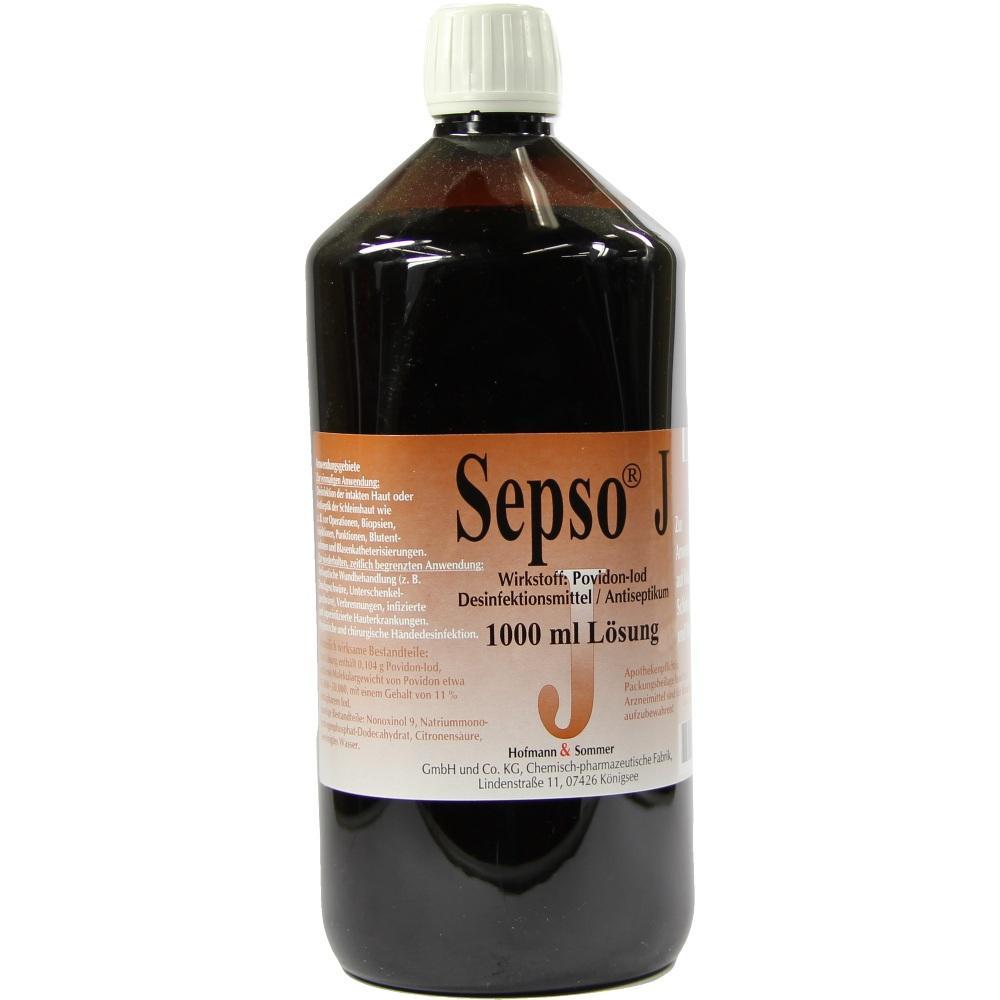 Braune Flasche mit weißem Deckel und Etikett mit der Aufschrift "Sepso J".