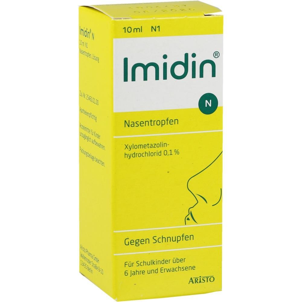 Gelbe Verpackung von Imidin Nasentropfen für Schulkinder und Erwachsene gegen Schnupfen.