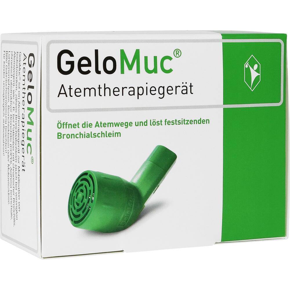 Verpackung eines grünen Atemtherapiegeräts namens GeloMuc zur Schleimlösung.