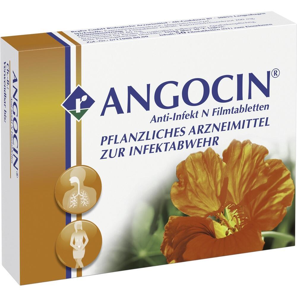 Eine Packung Angocin zeigt eine orange Blume und wird als pflanzliches Arzneimittel beworben.